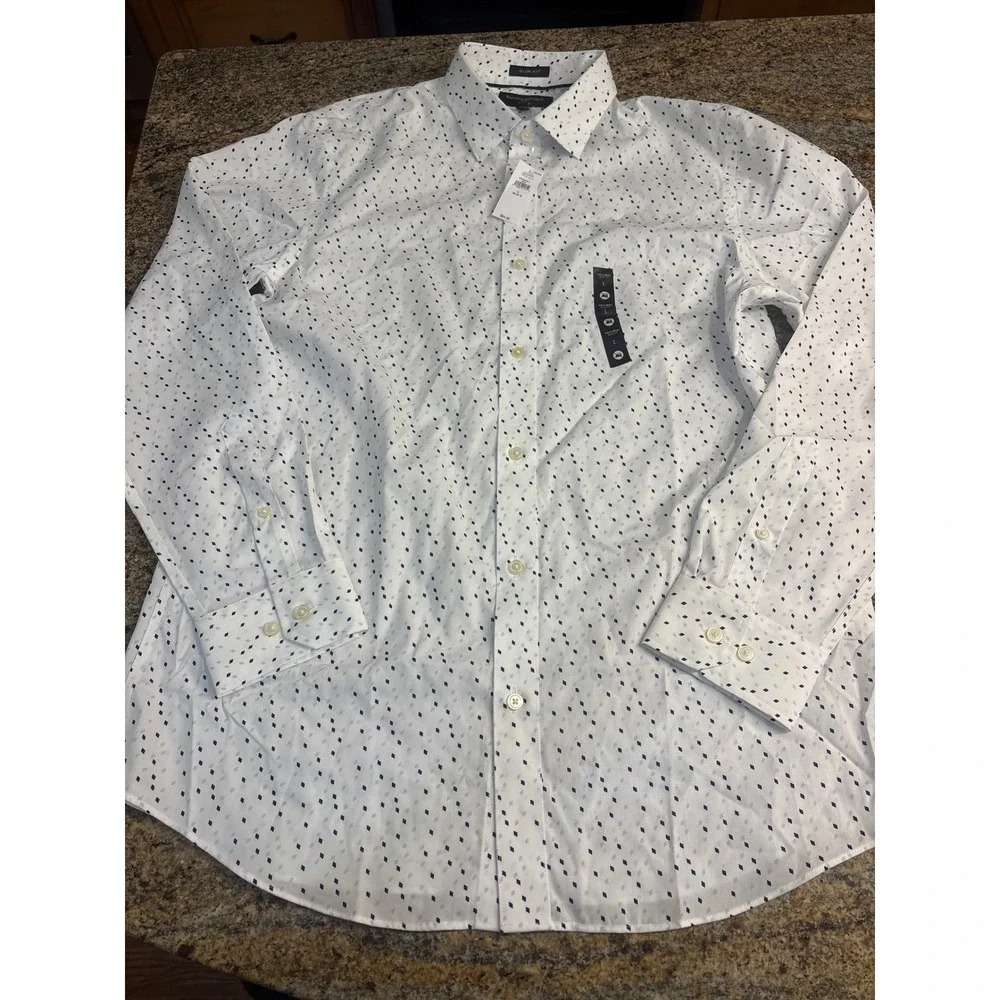 NWT Banana Republic Mens Slim Fit Non-Iron Shirt White Blue Geometric Diamond L